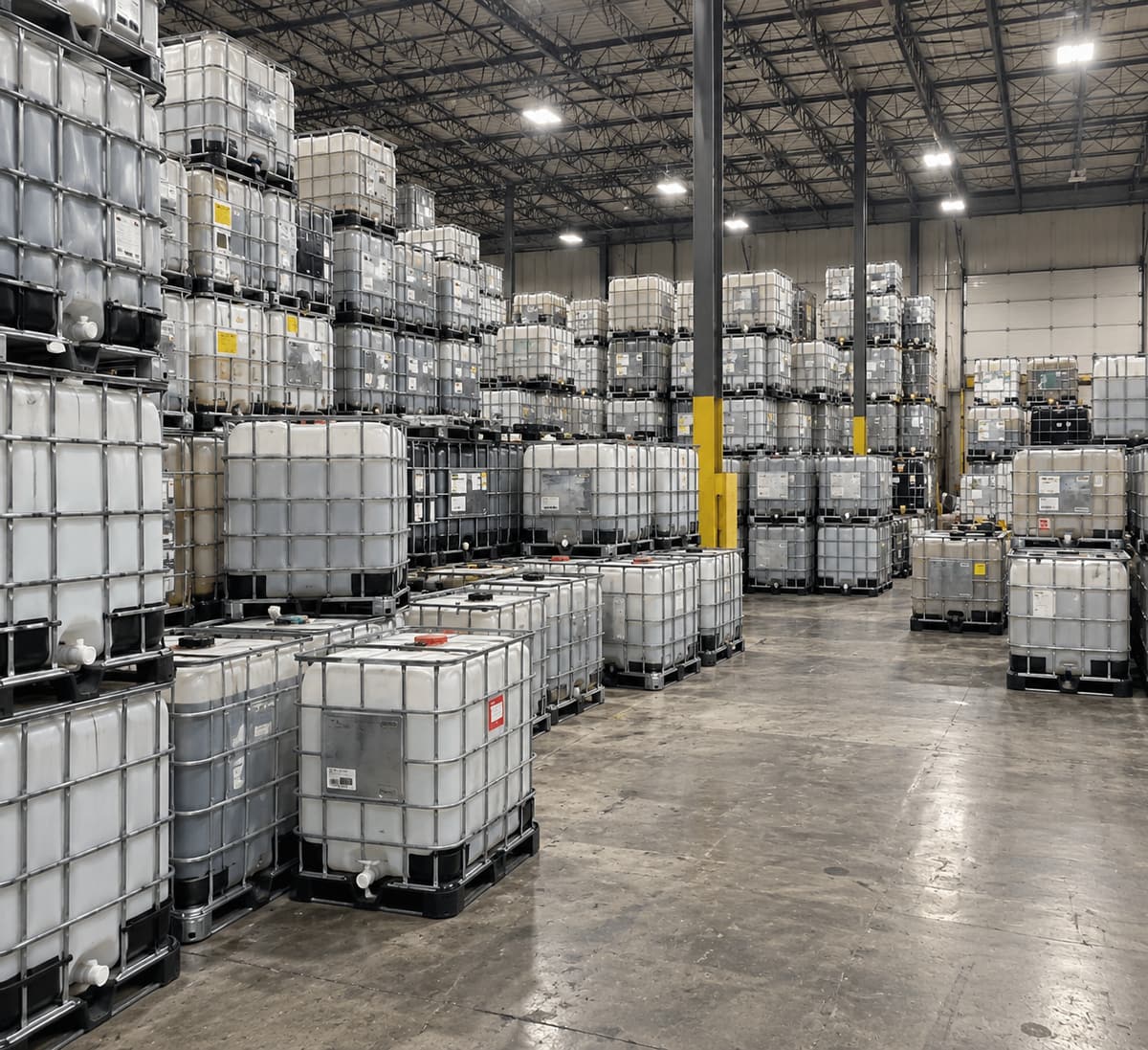 Aisle of stacked IBC totes inside the warehouse, three high on both sides
