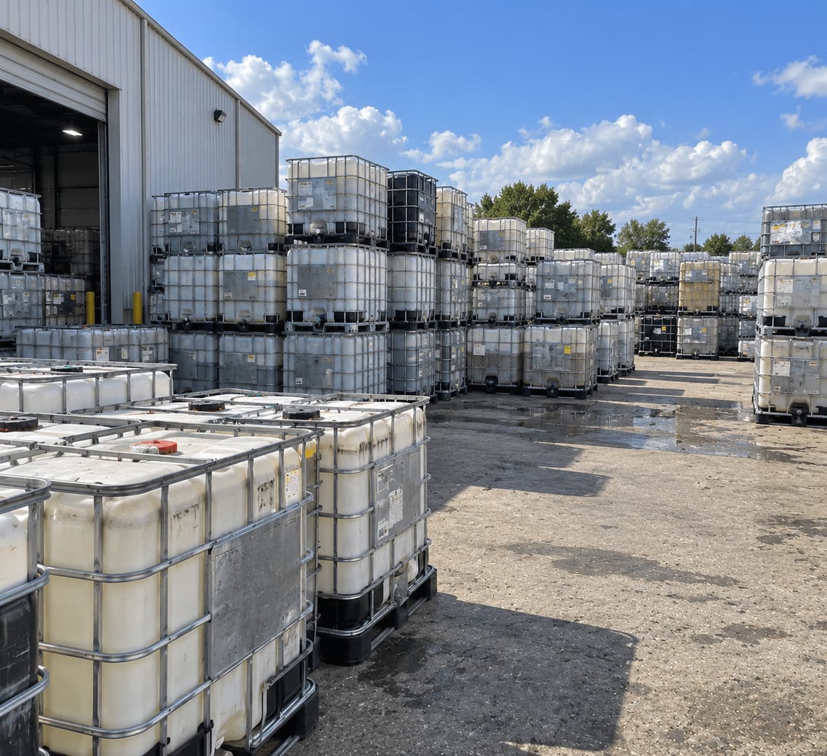 Reclaimed IBC totes stacked in the Cleveland yard under a clear sky